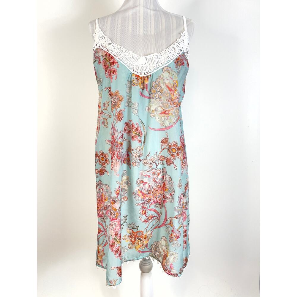 Papinelle Blue Paisely Lace Trim Cotton Silk Blend Night Gown Size XL